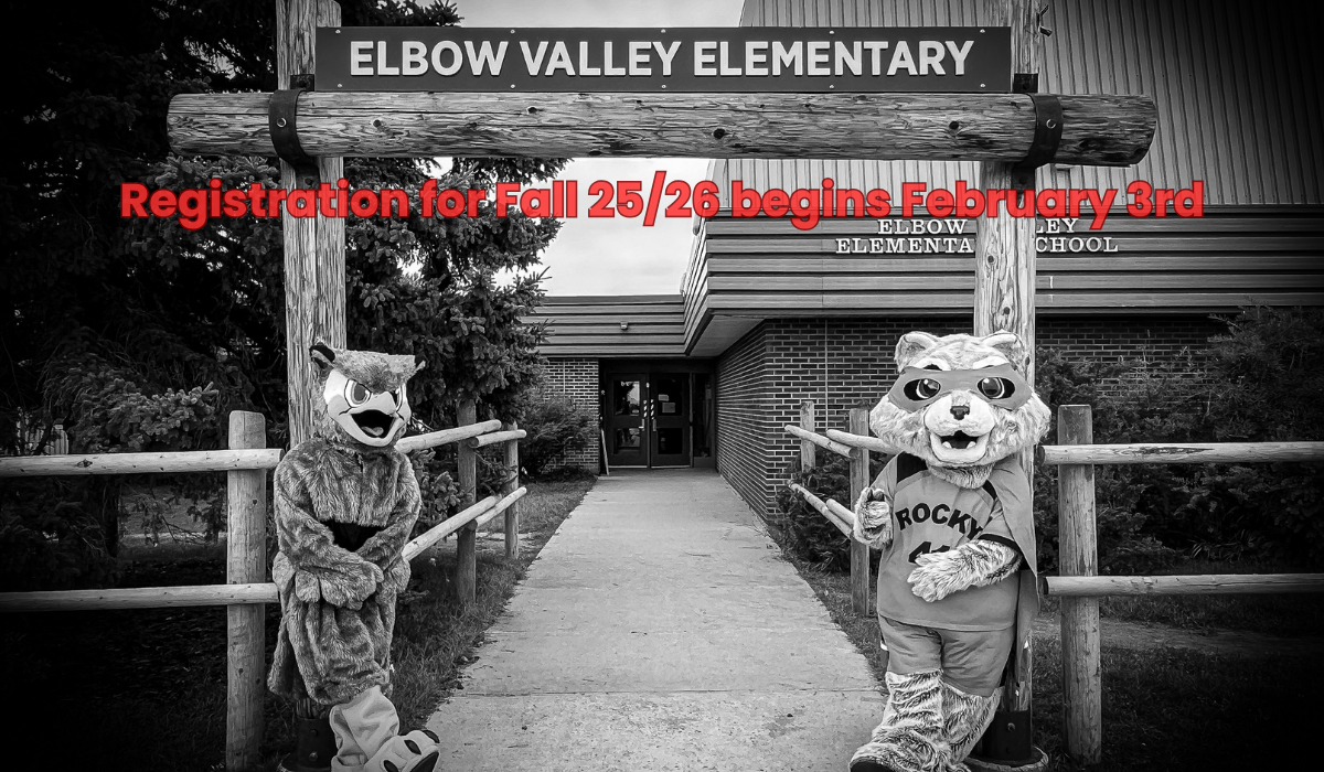 Picture of the entry way to Elbow Valley School. Elbow Valley mascot and RVS mascot lean against the archway.